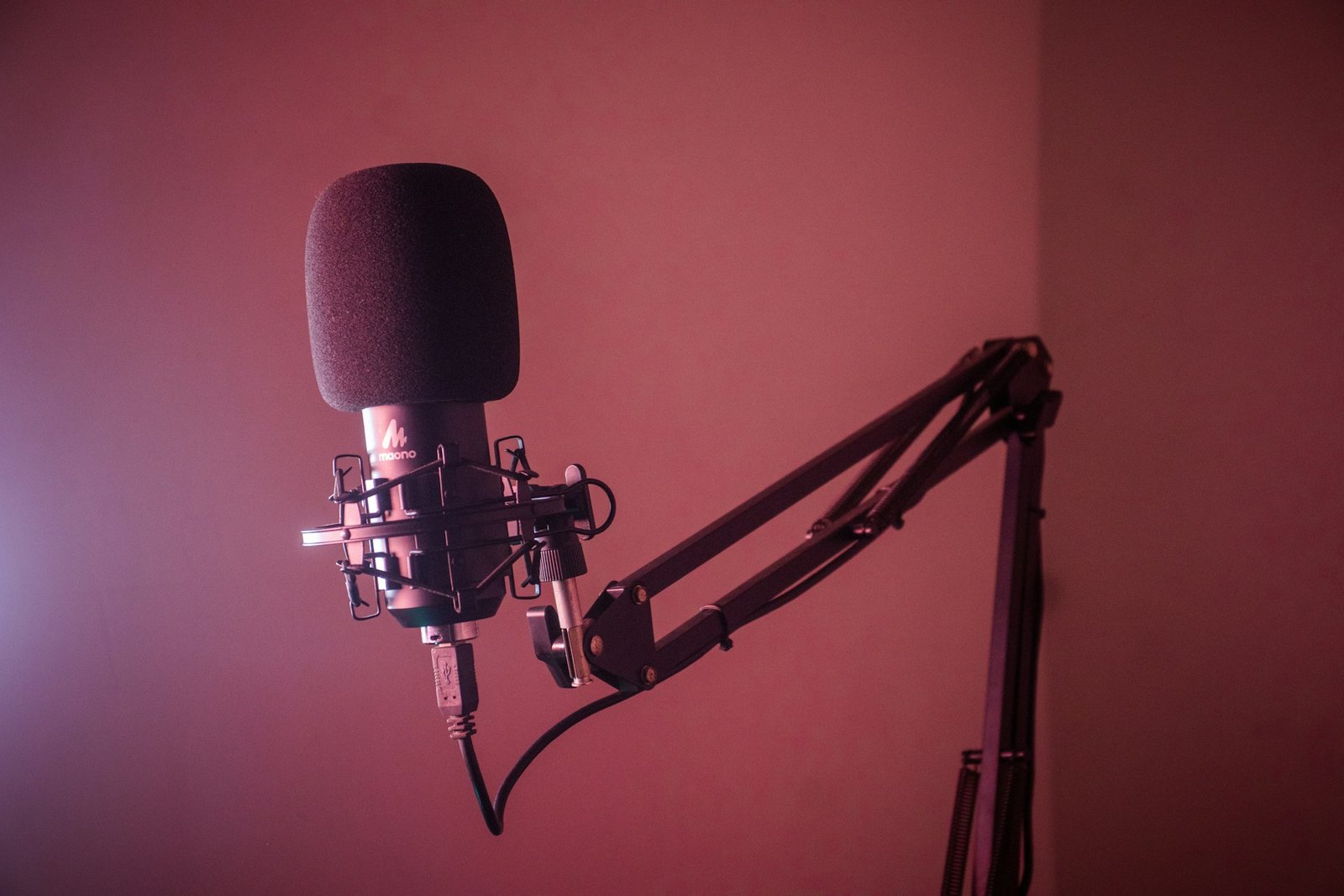 A condenser microphone on boom arm